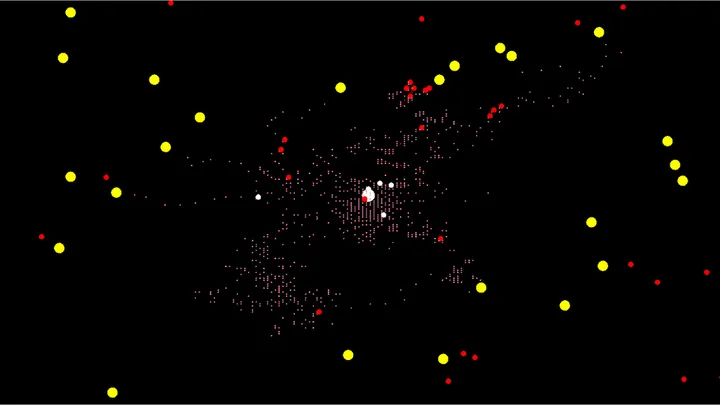 Simulation snapshot: pheromone trails spreading from the nest towards yellow food sources
