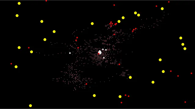Simulation snapshot: pheromone trails spreading from the nest towards yellow food sources